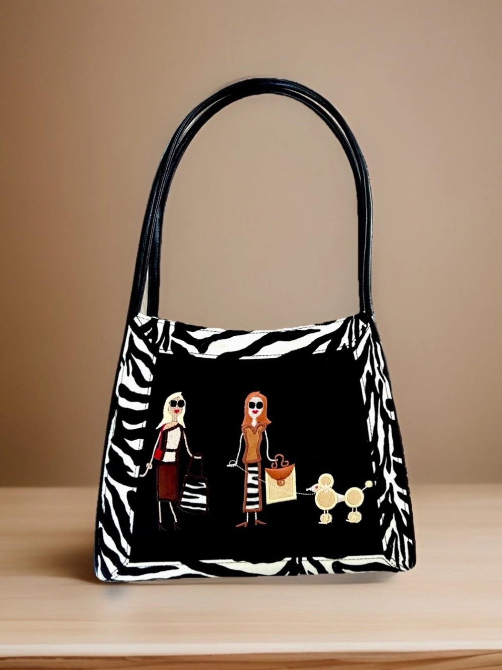 VTG Bueno Appliqué Fashionistas With Poodle  Zebra Print Double Handle Tote 11”